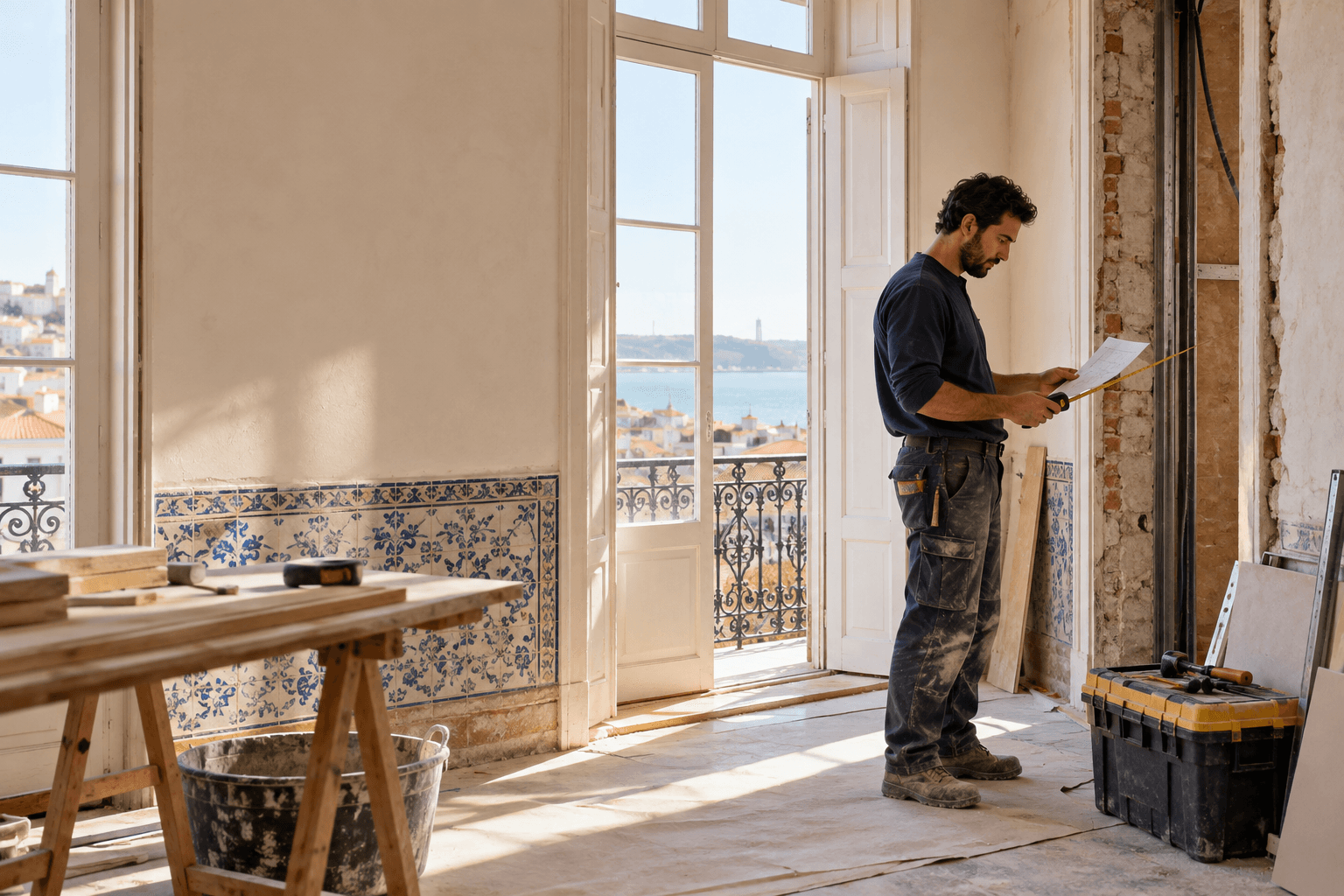 Profissional a preparar a remodelação de um apartamento