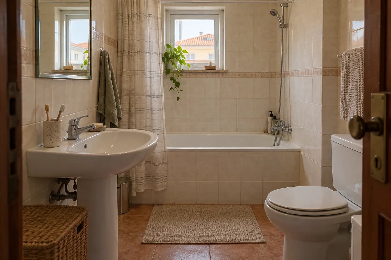Casa de banho compacta com banheira, lavatório e sanita a considerar no planeamento da obra.