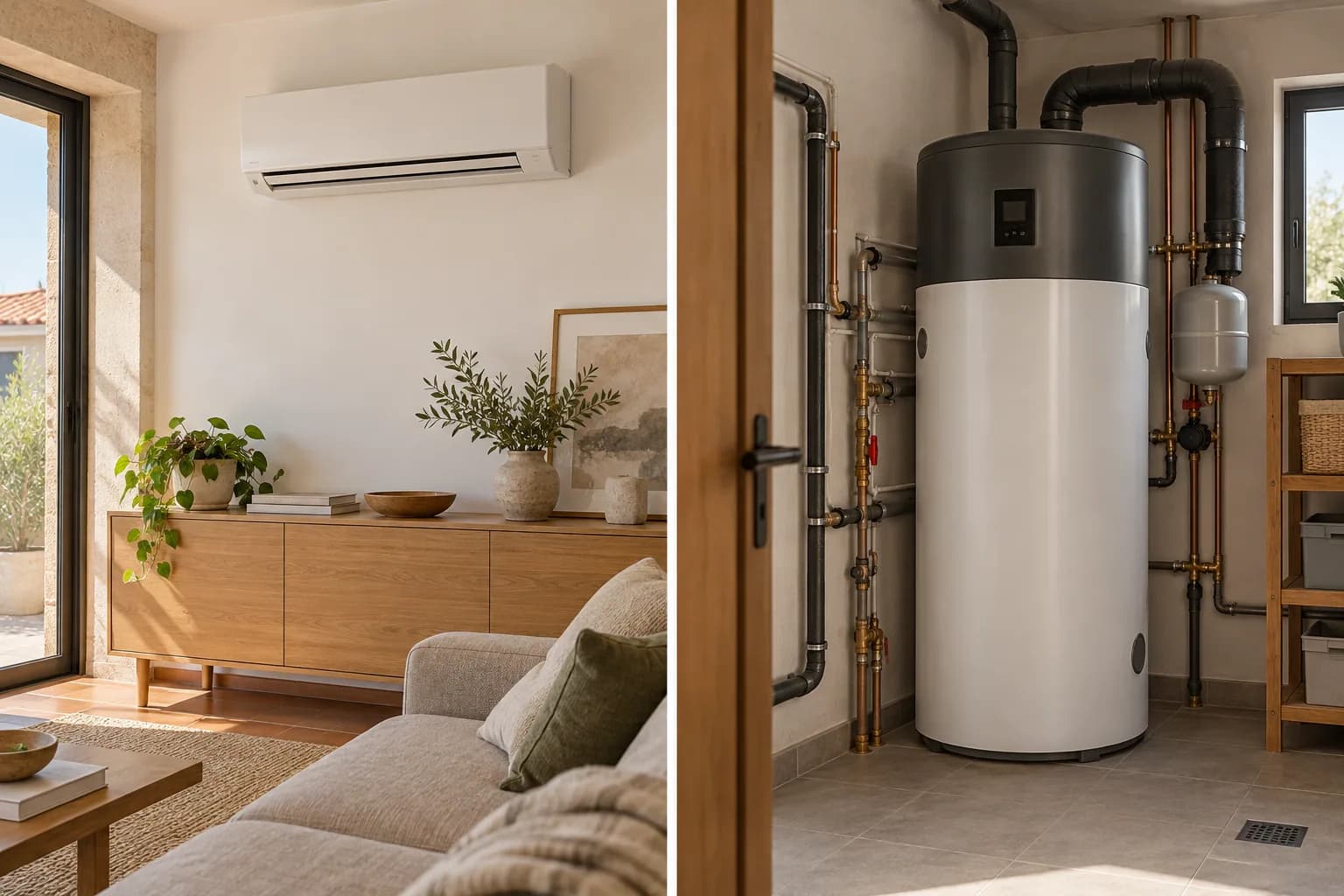 Ilustração comparativa de climatização de uma sala e equipamento para água quente sanitária.