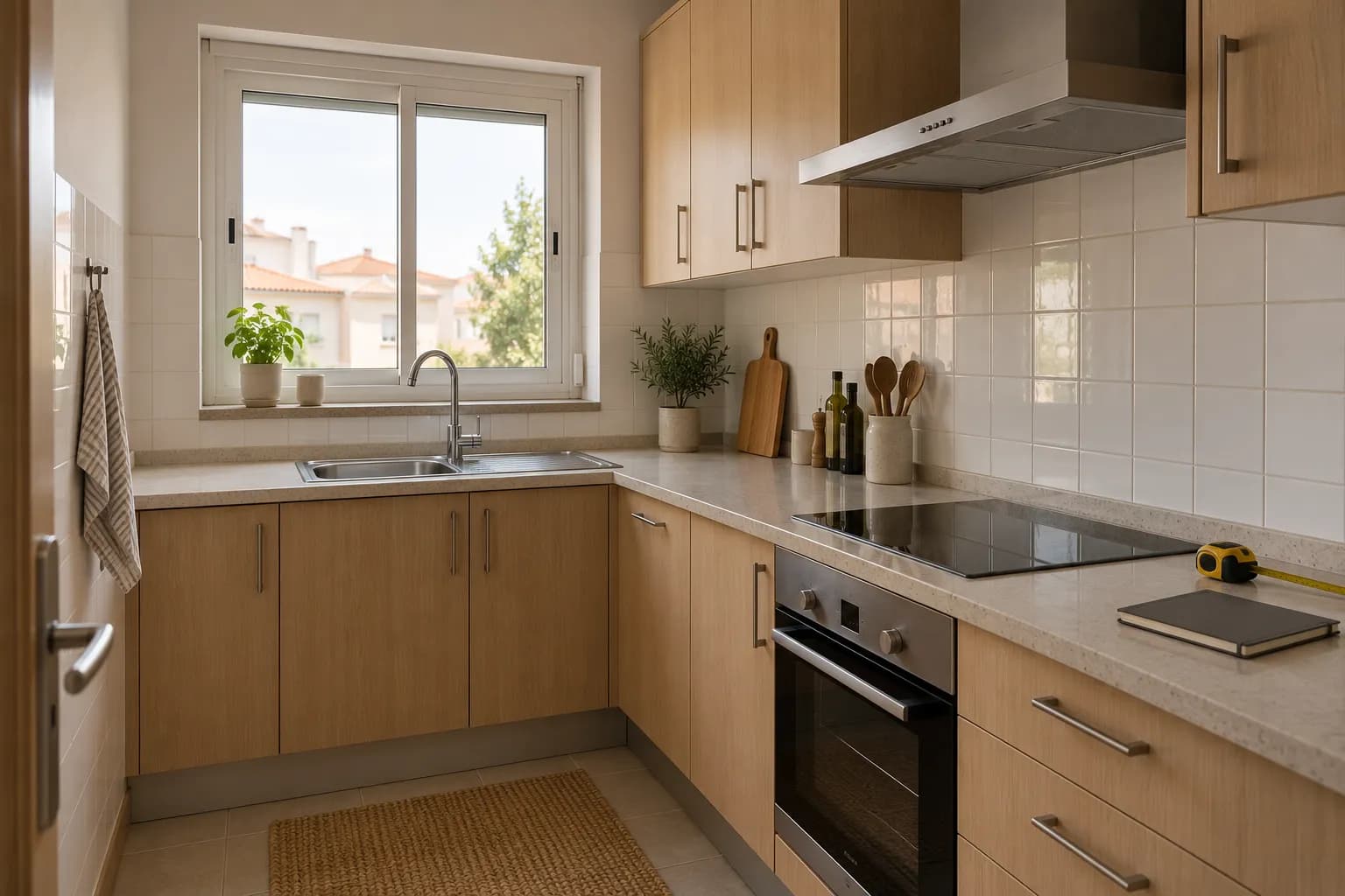 Cozinha compacta em L, com lava-loiça, bancada, placa e uma fita métrica.