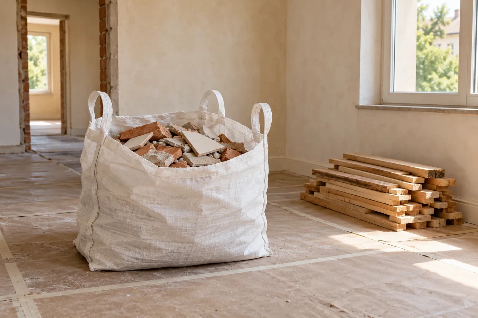 Saco de resíduos com fragmentos de tijolo e cerâmica, separado de peças de madeira num interior em obras.