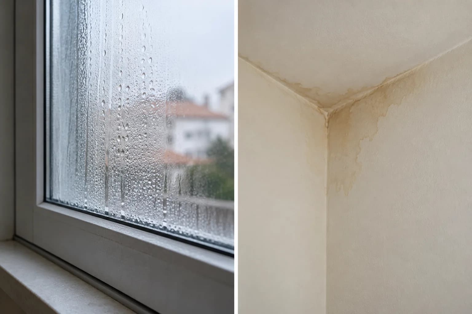 Exemplos ilustrativos de humidade: gotas num vidro e mancha no encontro de uma parede com o teto.
